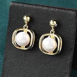 Brass Dangle Stud Earrings, with Natural Pearl, Square, Real 14K Gold Plated, 18x11mm(EJEW-P302-02G)