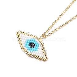 Japanese Seed Braided Rhombus with Evil Eye Pendant Necklace with 304 Stainless Steel Chains for Women, Golden, 15.94 inch(40.5cm)(NJEW-MZ00002)