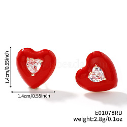 Brass Cubic Zirconia Heart Stud Earrings, with Enamel, Fashion Jewelry, Red, 14x14mm(HT3494-2)