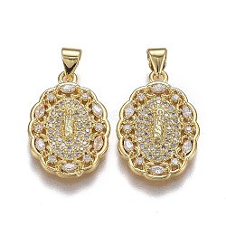 Brass Micro Pave Clear Cubic Zirconia Pendants, Long-Lasting Plated, for Buddhist, Oval with Buddha, Real 18K Gold Plated, 22.5x15x2.5mm, Hole: 5mm(ZIRC-A011-24G)