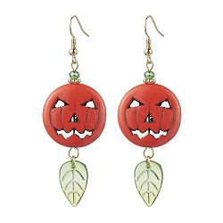 Synthetic Turquoise Pumpkin & Glass Leaf Dangle Earrings, with Brass Earring Pins, Dark Orange, 73x24.5mm(EJEW-TA00408)