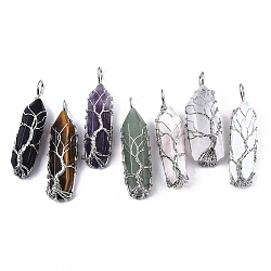 Natural & Synthetic Mixed Gemstone Big Wire Wrapped Pendants, with Brass Wires, prismatic with Tree of Life, Platinum, 48~62x14~17x13~18mm, Hole: 4x5~6mm(G-T133-P02)