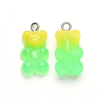 Gradient Color Opaque Resin Pendants, with Glitter Powder and Platinum Tone Iron Peg Bails, Bear, Lime, 21x11x6.5mm, Hole: 2.0mm
