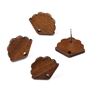 Walnut Wood Stud Earring Findings, with Hole and 304 Stainless Steel Pin, Fan, Peru, 13.5x17mm, Hole: 1.6mm, Pin: 0.7mm