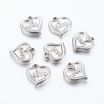 304 Stainless Steel Pendants, Heart with Word Love, Stainless Steel Color, 13x12x3mm, Hole: 1mm