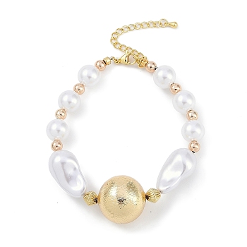 Rack Plating Brass Beaded Bracelets, with ABS Imitation Pearl Beads, Cadmium Free & Lead Free, Long-Lasting Plated, Real 18K Gold Plated, Round, 7.52 inch(19.1cm)