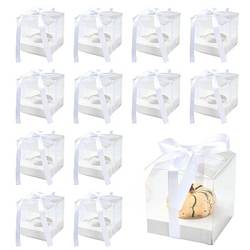 Square PET & Paper Bakery Box, with Polyester Ribbon for Cake Storage Container, White, 90x90x90mm