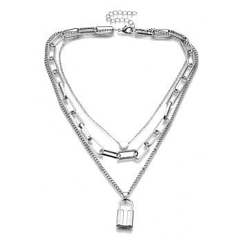 Zinc Alloy 3 Layered Necklaces, Lead Free & Nickel Free, with Lobster Claw Clasps and Heart Beads, Padlock, Platinum, 14.17 inch(36cm)
