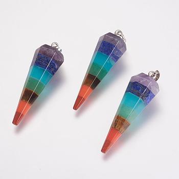 Yoga Chakra Jewelry, Natural & Synthetic Gemstone Pendants, with Platinum Plated Brass Findings, Cone, 47x15mm, Hole: 5x8mm