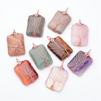Natural & Synthetic Gemstone Big Pendants, with Rose Gold Tone Brass Findings, Rectangle with Tree of Life, 52.5x30x8.5mm, Hole: 4.5mm