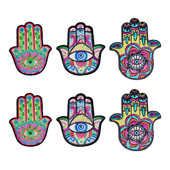 6pcs 3 style Computerized Embroidery Cloth Iron On Sequins Patches, Stick On Patch, Costume Accessories, Appliques, Hamsa Hand/Hand of Miriam with Evil Eye, Colorful, 207~278x158~210x1~1.4mm, 2pcs/style