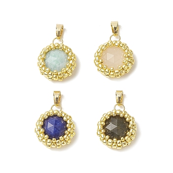 Natural Mixed Gemstone Faceted Flat Round Charms, with Seed Beads Wrapped and Brass Snap on Bails, Real 18K Gold Plated, 14.5x6mm, Hole: 5x3mm