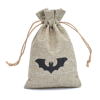 Halloween Burlap Packing Pouches, Drawstring Bags, Rectangle with Bat Pattern, Tan, 15x10cm