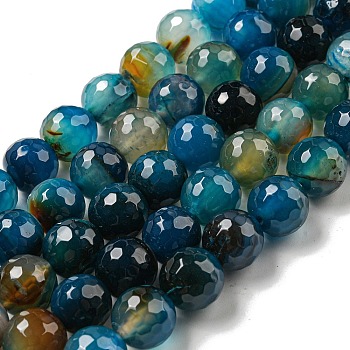 Faceted Natural Banded Agate Beads Strands, Round, Dyed & Heated, Marine Blue, 12mm, Hole: 1.6mm, about 31pcs/strand, 14.76''(37.5cm)