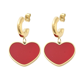 Ion Plating(IP) 304 Stainless Steel Heart Stud Earrings, with Enamel for Women, Real 18K Gold Plated, FireBrick, 40x23.5mm