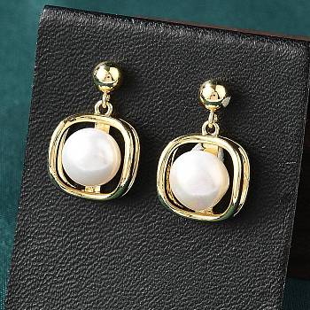 Brass Dangle Stud Earrings, with Natural Pearl, Square, Real 14K Gold Plated, 18x11mm