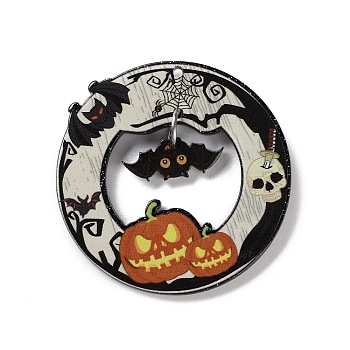 Halloween Theme Opaque Printed Acrylic Pendants, Bat, 44x2.4mm, Hole: 1.6mm