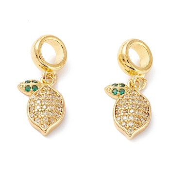 Brass Cubic Zirconia European Dangle Charms, Largr Hole Pendants, Long-Lasting Plated, Real 18K Gold Plated, Lemon, Colorful, 23mm, Hole: 5mm, Pendant: 14.5x10x3mm