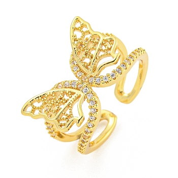 304 Stainless Steel Cubic Zirconia Open Cuff Ring for Women, Real 18K Gold Plated, Butterfly, 10mm