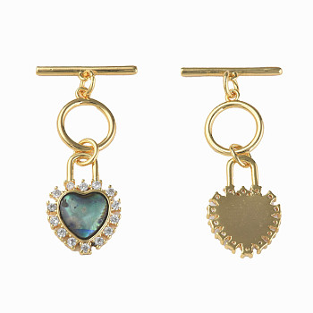 Brass Micro Pave Clear Cubic Zirconia Toggle Clasps, with Synthetic Abalone Shell/Paua Shell, Nickel Free, Heart, Real 18K Gold Plated, 37mm, Hole: 1mm, Heart: 18x13x3mm
