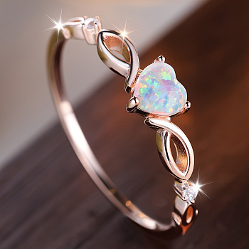 Alloy Finger Rings, with Brass Micro Pave Cubic Zirconia and Opal Finding, Heart, US Size 8(18.1mm)