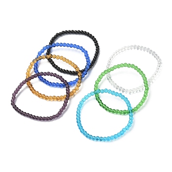 7Pcs 7 Color Glass Round Beaded Stretch Bracelets Set, Mixed Color, Inner Diameter: 2-1/4 inch(5.6~5.8cm), 1Pc/color