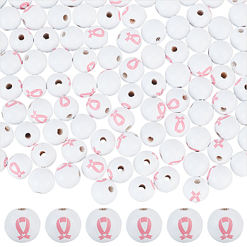 Printed Breast Cancer Awareness Pink Ribbon Pattern Wood Beads for Valentine's Day, Round, Dyed, White, 16mm, Hole: 3mm