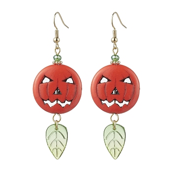 Synthetic Turquoise Pumpkin & Glass Leaf Dangle Earrings, with Brass Earring Pins, Dark Orange, 73x24.5mm