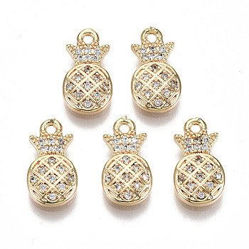 Brass Micro Pave Clear Cubic Zirconia Charms, Nickel Free, Pineapple Shape, Real 18K Gold Plated, 13.5x7.5x2mm, Hole: 1.2mm