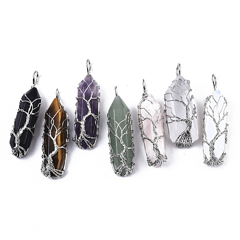 Natural & Synthetic Mixed Gemstone Big Wire Wrapped Pendants, with Brass Wires, prismatic with Tree of Life, Platinum, 48~62x14~17x13~18mm, Hole: 4x5~6mm