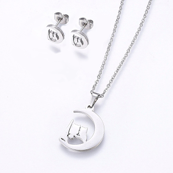 304 Stainless Steel Jewelry Sets, Stud Earrings and Pendant Necklaces, Moon with Owl, Stainless Steel Color, Necklace: 17.7 inch(45cm), Stud Earrings: 9x7.5x1.2mm, Pin: 0.8mm