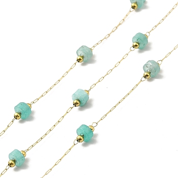 Ion Plating(IP) 316 Surgical Stainless Steel Paperclip Chains, with Natural Amazonite Column Beads, Soldered, Real 18K Gold Plated, with Spool, Link: 2.5x1x0.3mm