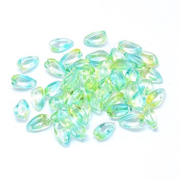 Transparent Glass Charms, Teardrop Shaped Petal, Two Tone, Light Green, 13x8x5.5mm, Hole: 1.2mm