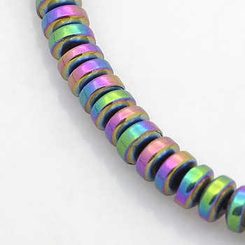 Electroplate Non-magnetic Synthetic Hematite Beads Strands, Heishi Beads, Flat Round/Disc, Rainbow Plated, 4x2mm, Hole: 1mm, about 194pcs/strand, 15.7 inch