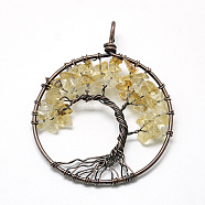 Natural Citrine Chip Big Pendants, with Brass Wires, Tree, Red Copper, 62~65x48~53x5~10mm, Hole: 4mm(G-R440-R11)