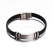 Rectangle Black Color PU Leather ID Cord Bracelets, with 304 Stainless Steel Findings and Watch Band Clasps, Stainless Steel Color, 220x10mm(BJEW-G467-09)
