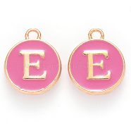 Golden Plated Alloy Enamel Charms, Cadmium Free & Lead Free, Enamelled Sequins, Flat Round with Letter, Camellia, Letter.E, 14x12x2mm, Hole: 1.5mm(X-ENAM-S118-08E)