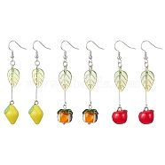 3 Pairs 3 Style Fruit Glass Dangle Earrings, Alloy Long Drop Earrings, Mixed Color, 71~76x12.5~14mm, 1 Pair/style(EJEW-TA00352)