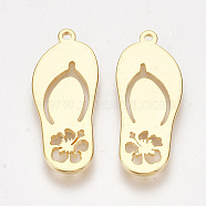 Brass Pendants, Slipper with Flower, Nickel Free, Real 18K Gold Plated, 23x9.5x1mm, Hole: 1mm(KK-S350-266)