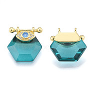 Brass Micro Pave Clear Cubic Zirconia Pendants, with Glass, Nickel Free, Real 18K Gold Plated, Hexagon with Eye, Medium Turquoise, 24x22.5x9mm, Hole: 1.8mm(KK-N227-106D)