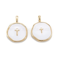 Brass Enamel Pendants, Long-Lasting Plated, Flat Round with Cross, White, Real 18K Gold Plated, 18x13.5x2mm, Hole: 4x2.5mm(KK-A155-09G)
