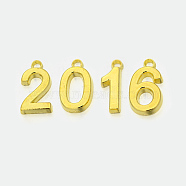 2016 Theme Alloy Pendants, Cadmium Free & Nickel Free & Lead Free, Golden, 18x6~10x2mm, Hole: 2mm(PALLOY-X0022-G-NR)