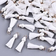 Polycotton(Polyester Cotton) Tassel Pendant Decorations, Mini Tassel, with Golden Tone Iron Findings and ABS Plastic Imitation Pearl, White, Light Gold, 23mm, Jump ring: 5x0.8mm, 3.4mm inner diameter(X-FIND-T052-13Q)