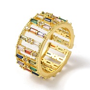 Rack Plating Brass Micro Pave Colorful Cubic Zirconia Rectangle Open Cuff Ring, Hollow, Real 18K Gold Plated, Inner Diameter: 17.8mm(RJEW-M162-37G)