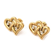 Double Heart 304 Stainless Steel Rhinestone Stud Earrings for Women, Golden, 18x25mm(EJEW-U003-13G)