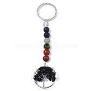 Natural Black Obsidian Chips Chakra Keychain, with Platinum Plated Stainless Steel Split Key Rings and Mixed Stone Round Beads, Flat Round with Tree of Life, 122mm(G-N0326-004G)