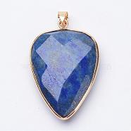 Faceted Natural Lapis Lazuli Pendants, with Golden Tone Brass Findings, teardrop, 40x27x7~9mm, Hole: 4x5mm(G-F340-02A)