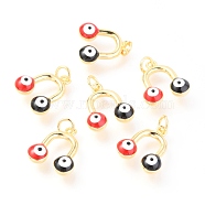 Brass Enamel Pendants, Long-Lasting Plated, Real 18K Gold Plated, with Jump Rings, Round with Evil Eye, Red, 16x14x5mm, Jump Ring: 5x0.6mm,  3mm inner diameter(KK-Y001-01A-G)