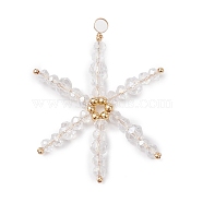 Christmas Theme Glass Pendants, with Copper Wire, Gold, Snowflake, Clear, 54x42x6mm, Hole: 4mm(PALLOY-JF02888)