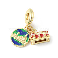 Brass Micro Pave Cubic Zirconia European Dangle Charms, Enamel Style, Large Hole Pendants, Long-Lasting Plated, Real 18K Gold Plated, Cadmium Free & Lead Free, Train & Flat Round, Colorful, 28mm, Hole: 4.5mm, Train: 12x12x5mm, Flat Round: 15x12x2mm(KK-P233-13G)